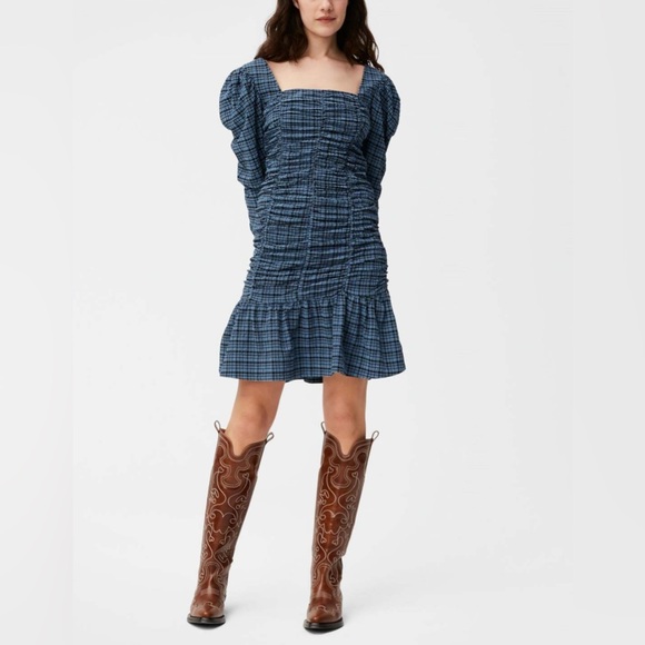 Ganni Stretch Seersucker Gathered Mini Dress Mini Check - Main Image